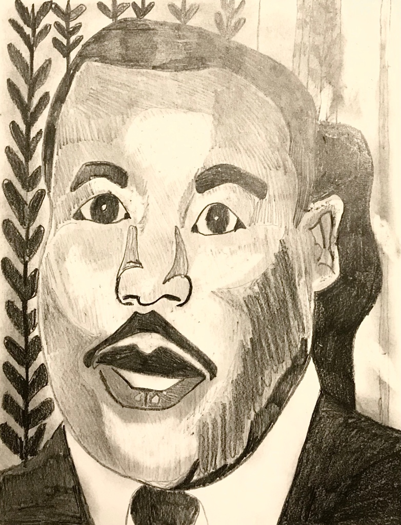 A graphite drawing of Martin Luther King Jr. His face takes up most of the frame.